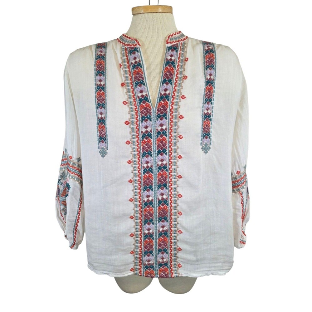 Johnny Was Workshop Top Womans Extra Small White Colorful Embroidered Boho